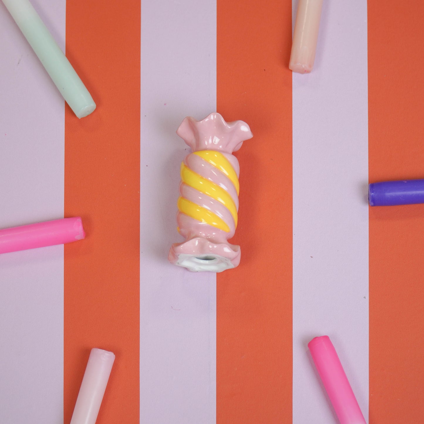 Kandelaar - Toffee Candy - Pink/Yellow -7,5x7,5x13 cm