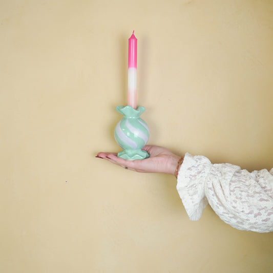 Kandelaar - Ronde toffee - Mint -8,5x8,5x13 cm