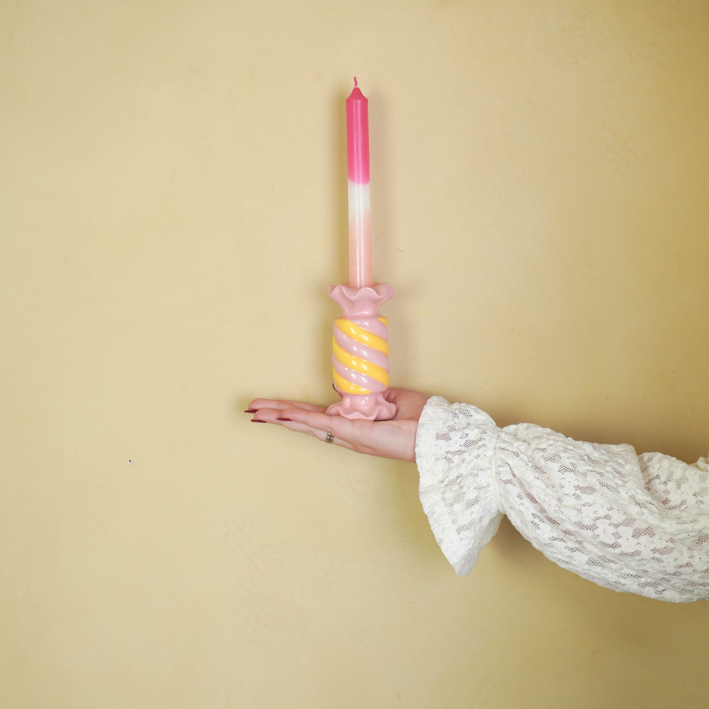 Kandelaar - Toffee Candy - Pink/Yellow -7,5x7,5x13 cm