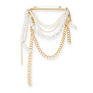 Statement broche - Staaf met ketting en parels Gold-white